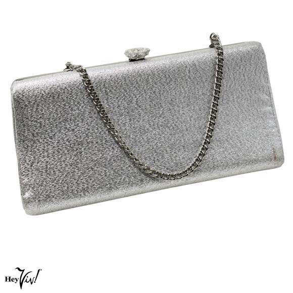 Vintage Cocktail Box Purse Clutch Handbag Silver Metallic w Chain 8x4 - Hey Viv - Picture 1 of 6